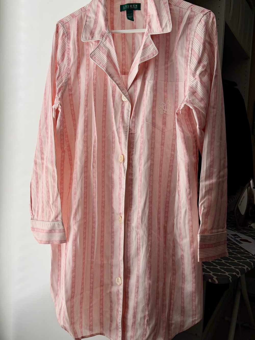 Ralph Lauren Pink and White Striped Floral Cotton Nightshirt